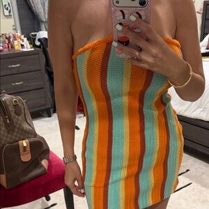 Striped Strapless Crochet Dress in Orange, Teal & Rust